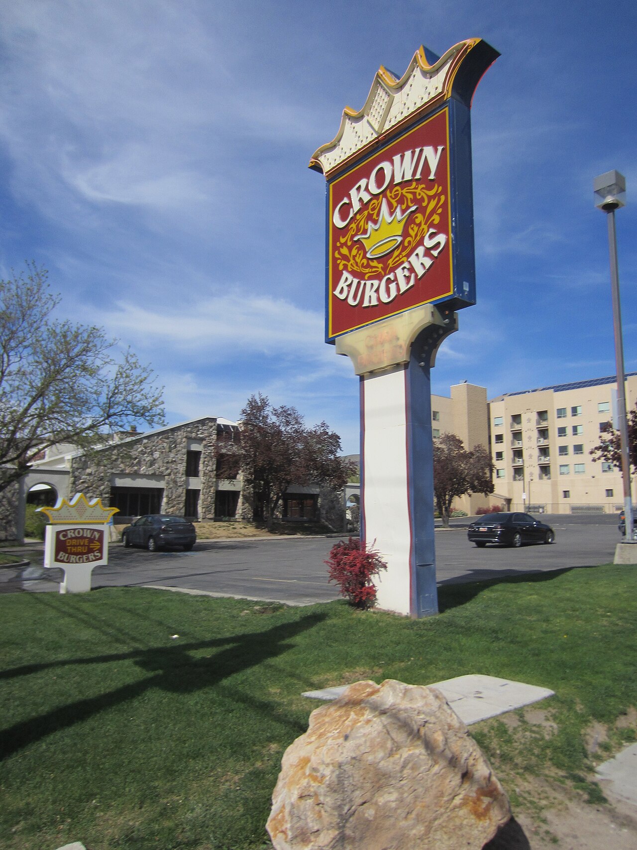 The Crown Burgers sign and restaurant building on 300 West in Salt Lake City