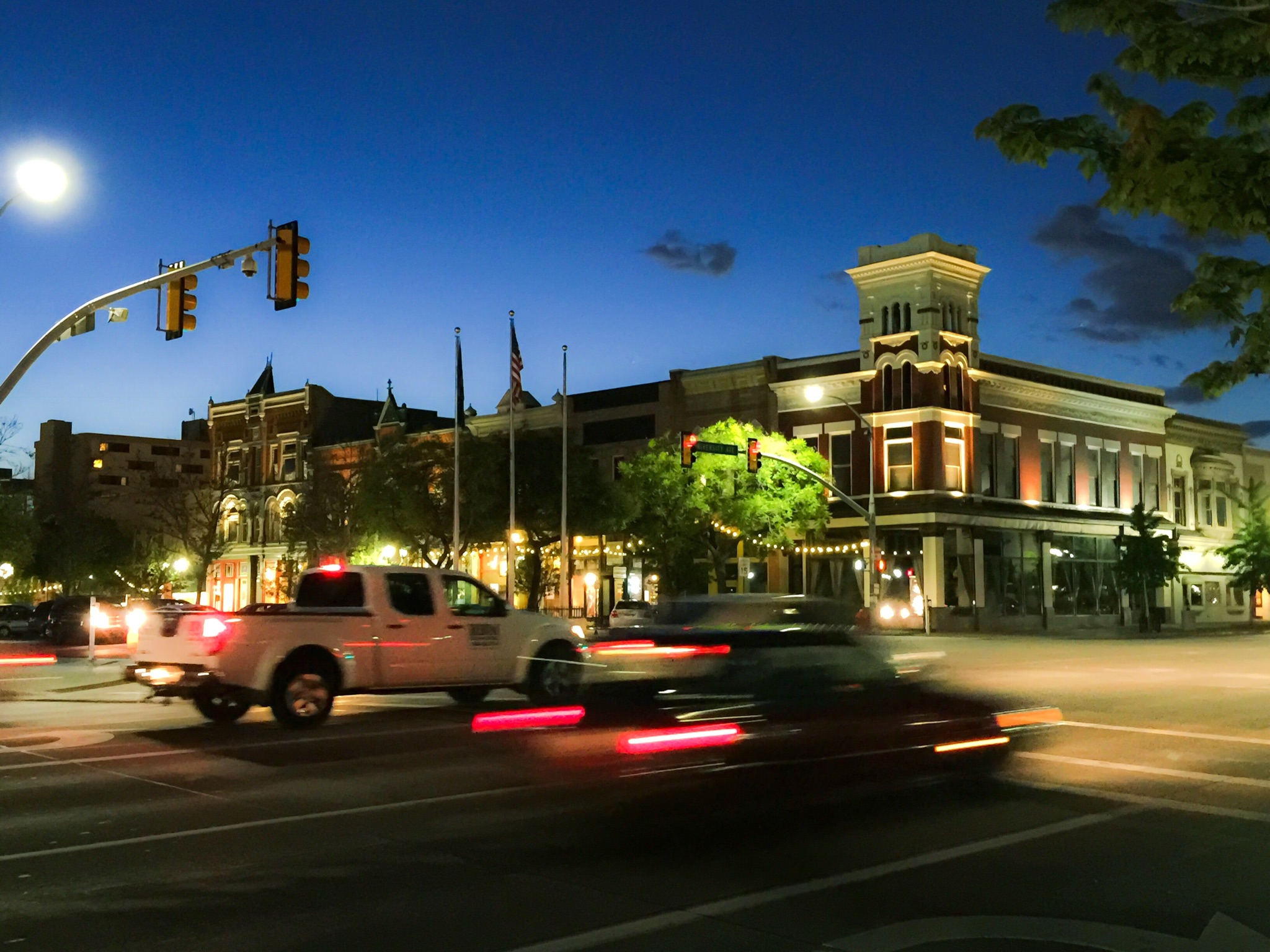 Historic downtown Provo at night, looking northwest along University Avenue