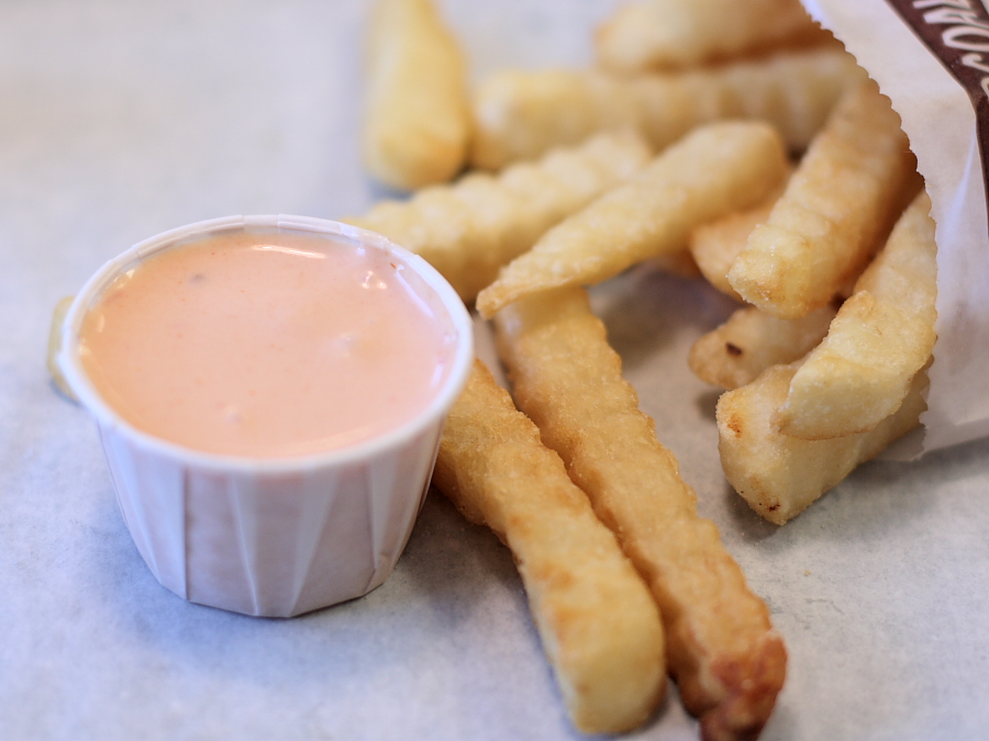 A container of fry sauce from a Salt Lake City burger chain