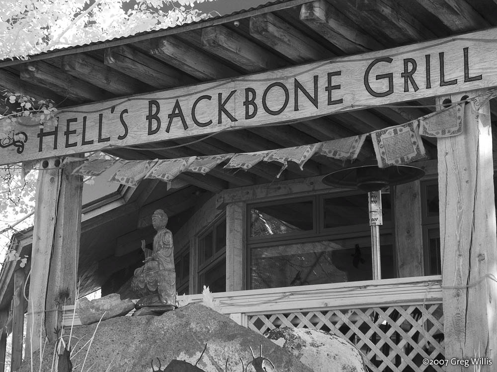 The Hell's Backbone Grill sign and building in Boulder, Utah