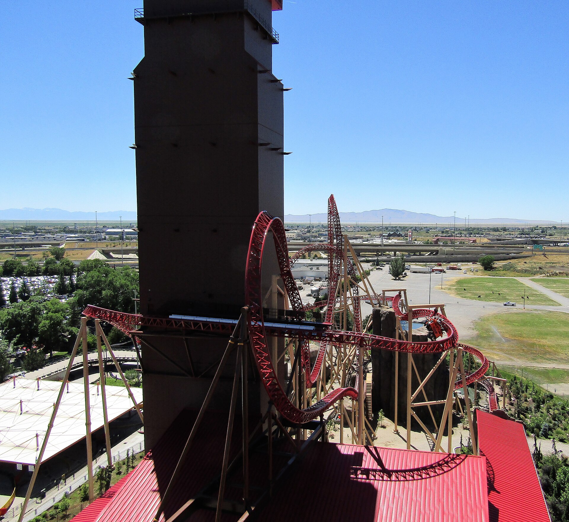 The Cannibal roller coaster's tall lift structure at Lagoon in Farmington, Utah
