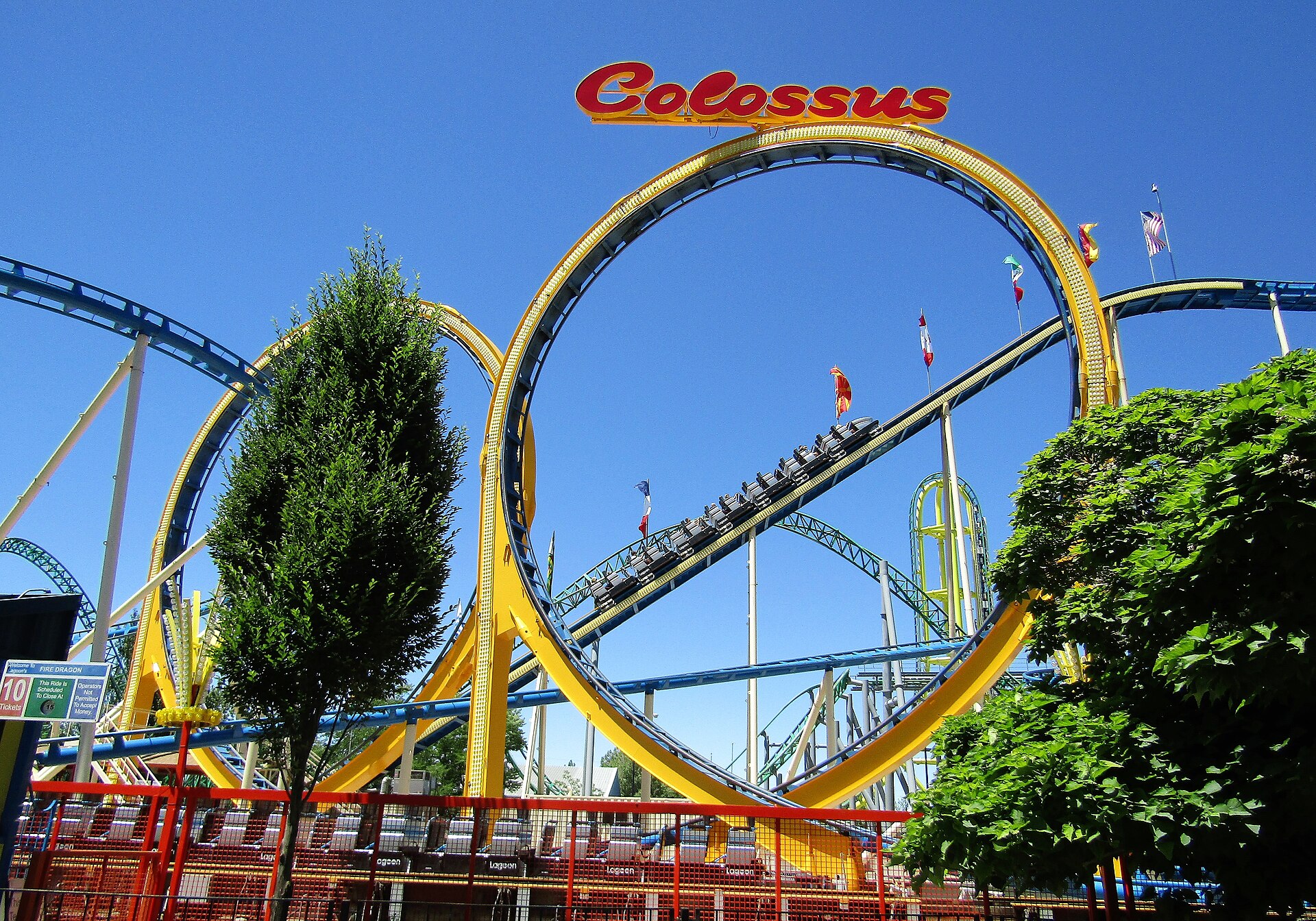 The red track loops of Colossus the Fire Dragon roller coaster at Lagoon