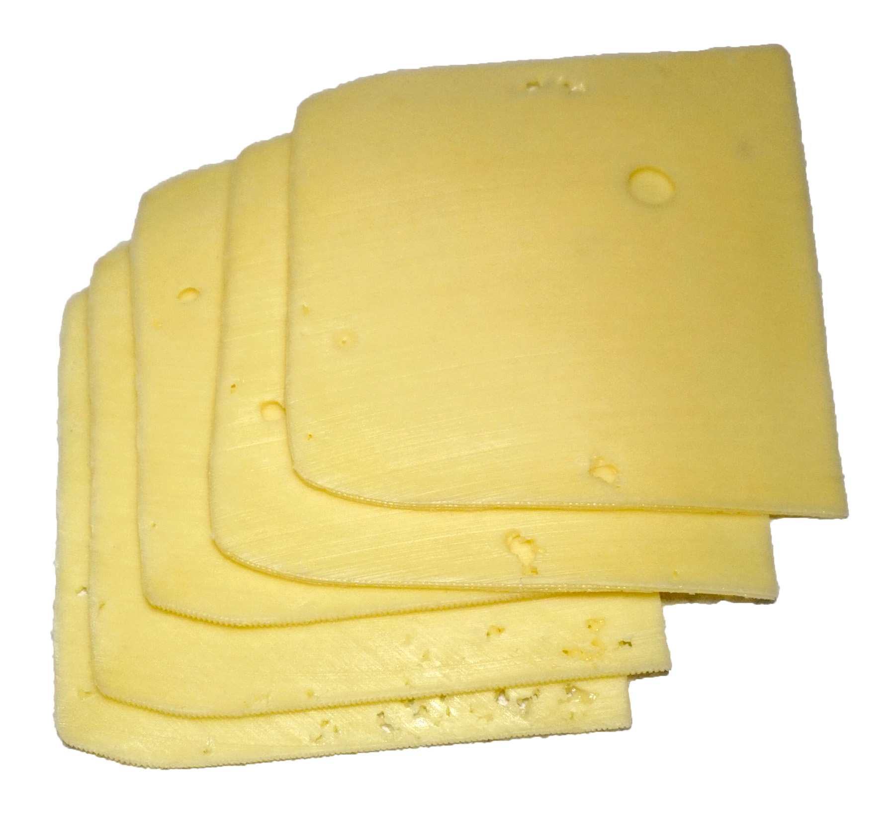 Slices of holey Swiss-style Emmental cheese