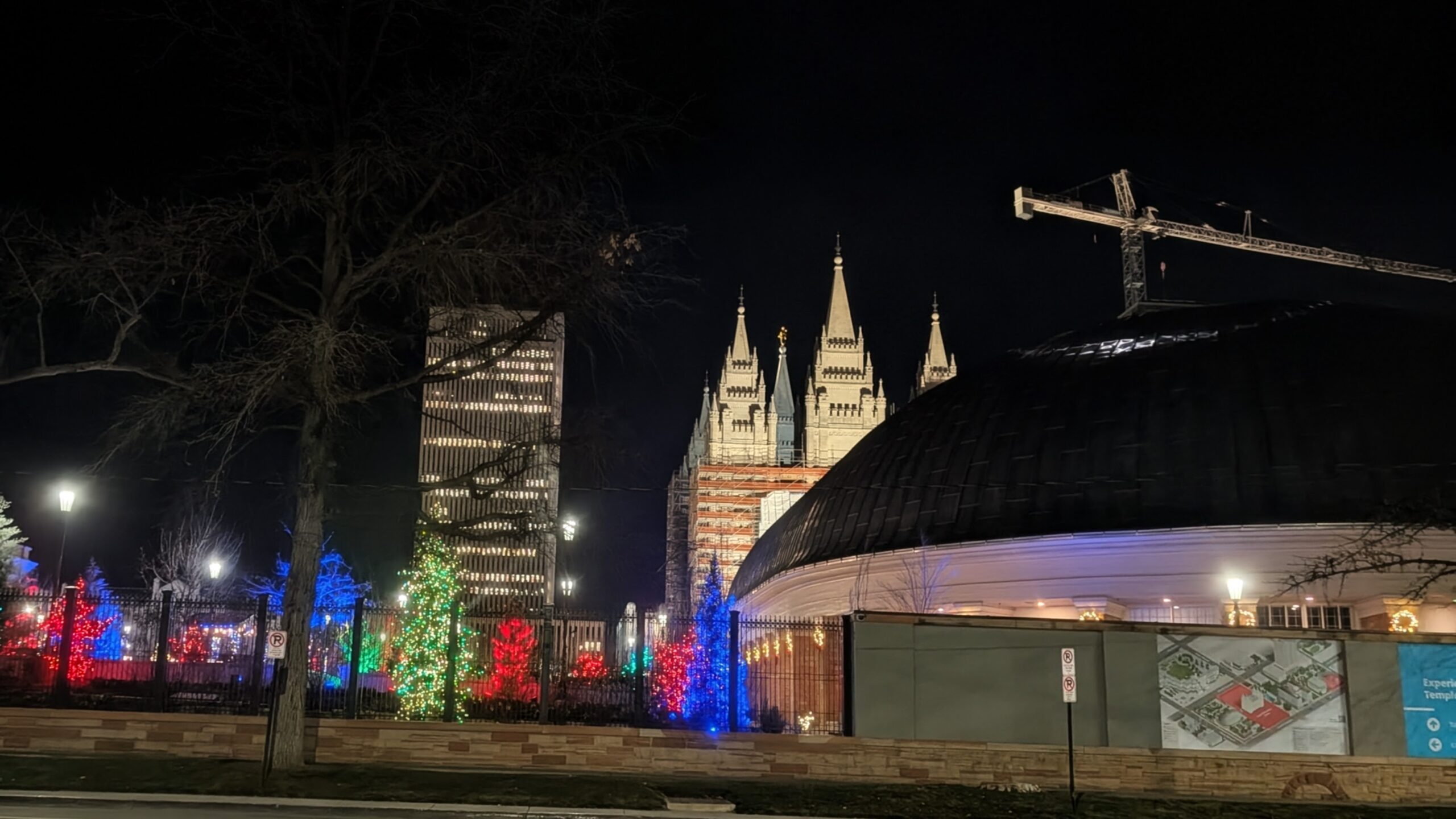 Christmas lights on Temple Square in Salt Lake City during the temple renovation